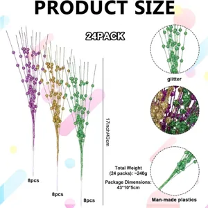 Lot de 24 tiges de baies scintillantes pour décoration de fête en violet or et vert