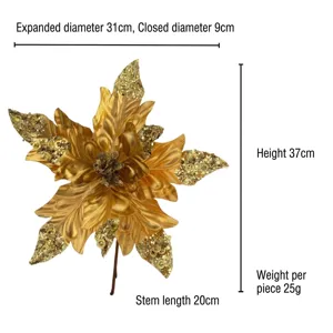 Goldene glitzernde künstliche Weihnachtsstern-Blume mit Größenangaben und Maßen