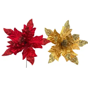Künstliche rote und goldene Weihnachtsblumen mit Pailletten für die Weihnachtsdeko