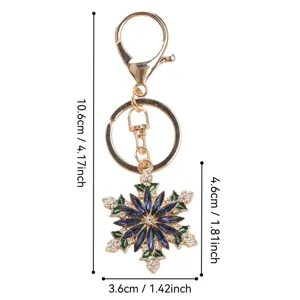 Detailed view of the snowflake rhinestone keychain with precise measurements in cm and inches