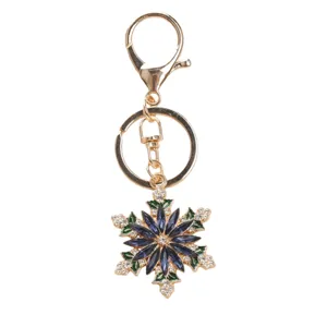 Elegant gold alloy snowflake keychain featuring sparkling blue rhinestones for bags