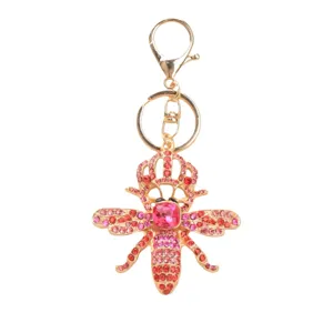 Glitzernder Vintage-Bienen-Schlüsselanhänger mit Krone und rosa Strasssteinen