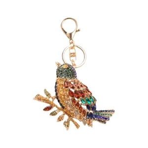 Vintage heavy-duty rhinestone magpie keychain bird bag charm with colorful crystals