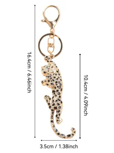 Vintage leopard rhinestone keychain accessory with detailed dimensions in cm and inches