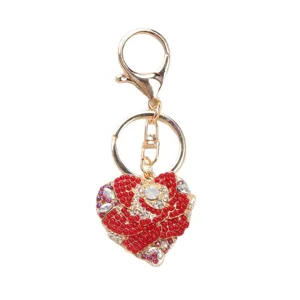 Red rhinestone heart keychain with rose pattern, gold-tone backpack charm accessory