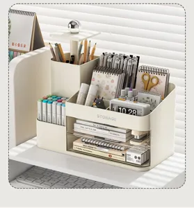 Organizador de escritorio multifuncional crema con prácticos cajones y portabolígrafos
