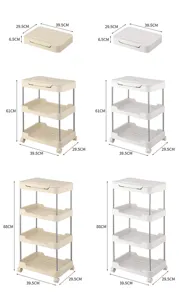 Détails des dimensions du chariot de rangement mobile à 1, 3 et 4 niveaux en blanc et beige