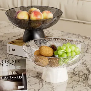 Assiette à Fruits Ronde Moderne Luxe Léger Plateau à Collations à Relief Géométrique Avec Design à Pied Haut Décoration