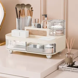 Large Multi-Functional Cosmetic Storage Box Rotatable Makeup Brush Holder Cream Desktop Organizer With Drawers For Dressing Table Bathroom Vanity Case