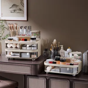 Minimalist beige makeup organizer with drawers for vanity desktop organization