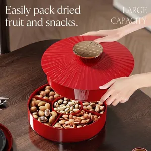 Traditional red multi-compartment snack storage box for dried fruits and candies