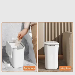 Modern wall-mounted slim white trash can with lid for bathroom and living room decor