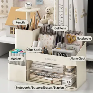 Organizador de escritorio blanco crema con cajones y compartimentos para papelería gran capacidad