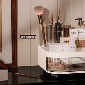 Multi-functional cosmetic storage box with 360-degree rotating brush holder