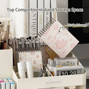 Organizador de escritorio crema con varios compartimentos y cajón para artículos de papelería