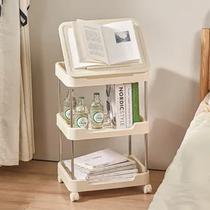 Chariot de rangement à 3 niveaux crème avec couvercle support pour tablette et livres