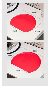 Detailed view showing dimensions for small and large red D-shaped anti-slip TPU cutting boards.