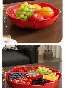 Detailansicht mit Maßen des roten blütenförmigen Obsttellers für Snacks und Früchte