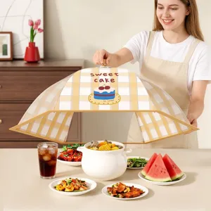 Large collapsible square food cover for dining table with cute yellow checkered pattern