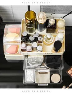 Detailansicht eines Make-up-Organizers mit transparenten Schubladen und Staubschutz
