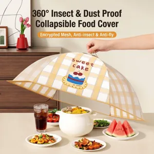 Foldable square mesh food cover with yellow plaid and cake design for dining table