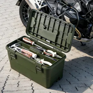 Large portable olive green tool box for outdoor camping and car maintenance storage