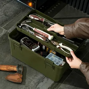 Large olive green multi-functional portable toolbox for camping and home storage.