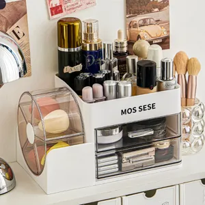 Große Kapazität Make-up Organizer Mit Schublade Staubdicht Transparent Kosmetik Aufbewahrungsbox Für Make-up Pinsel Puderquaste Lippenstift Hautpflege Schminktisch Desktop Organizer