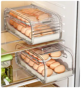 Caja de almacenamiento de huevos de doble capa para nevera con diseño rodante automático