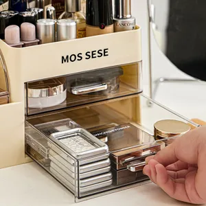 Großer Kosmetik-Organizer in Beige mit transparenten Schubladen für die Aufbewahrung