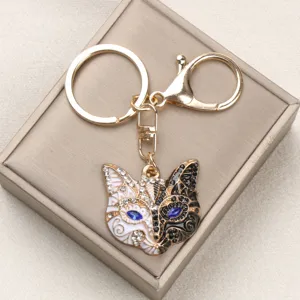 Close-up detail of a vintage fox mask keychain with rhinestones and blue gem eyes