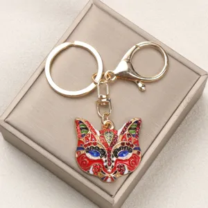 Close-up of vintage fox mask keychain with colorful rhinestones and gold-tone finish