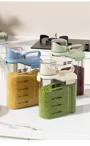 Detailed view of large food storage containers in blue green and cream with grain contents