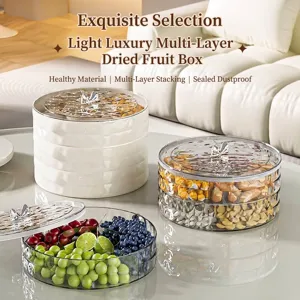 Multi-Layer Round Candy Box With Butterfly Handle Compartmented Plastic Sealed Fruit Plate For Living Room Nut Snack Storage Box