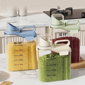 Airtight Food Grade Sealed Jar Transparent Grain Storage Container With Handle And Measuring Cup Lid Kitchen Flour Box Organizer