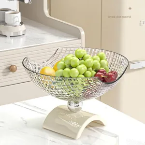 Bol à Fruits à Pied Haut de Luxe Moderne Grande Capacité Assiette à Dessert Décorative pour Salon Table Basse Plateau à Fruits en Plastique Motif Grille Rangement
