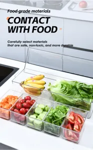 Detailed view of transparent 5-compartment salad server with lid and fresh vegetables