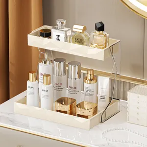 Organisateur de Cosmétiques de Salle de Bain de Luxe à 2 Niveaux Étagère de Rangement de Grande Capacité en Plastique PET pour Bureau