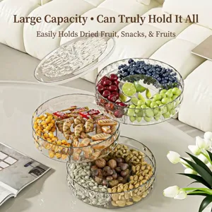 Modern three-tier transparent multi-compartment snack tray with lid for nuts and fruits
