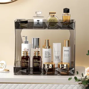 Organisateur de cosmétiques élégant en PET gris à 2 niveaux avec texture diamantée