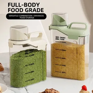 Airtignt food-grade grain storage containers with handle and measuring cup lids