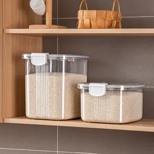 Airtight transparent rice storage containers with white sealed lids for kitchen organization
