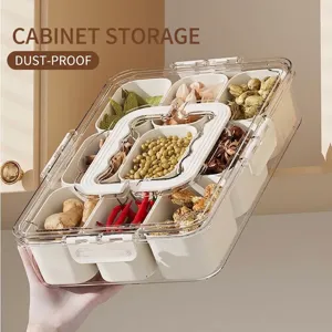 Recipiente transparente de 9 compartimentos con tapa para organización de cocina.