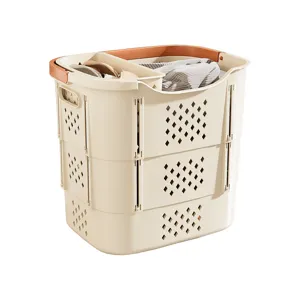 Cesto della biancheria pieghevole in plastica a tre livelli con manici in beige