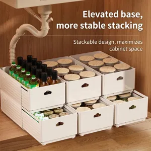 Stackable white kitchen organizer drawers for under-sink cabinet storage