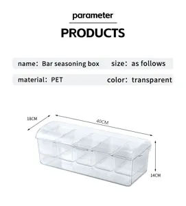 Detailed PET 5-compartment seasoning box with dimensions 40x18x14cm for food storage