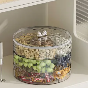 3-layer transparent snack storage box with silver butterfly handle for nuts and candies