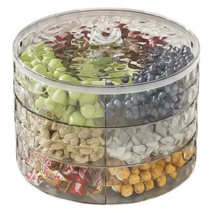 Clear multi-tiered stackable snack storage container with lid and inner compartments