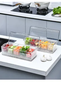 Detailed view of clear 5-compartment chilled salad server with ice base and lid