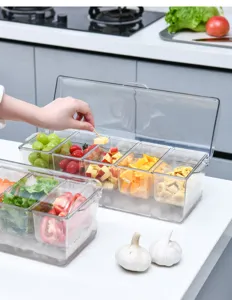 Detail shot of chilled 5-compartment transparent salad box with fresh fruits